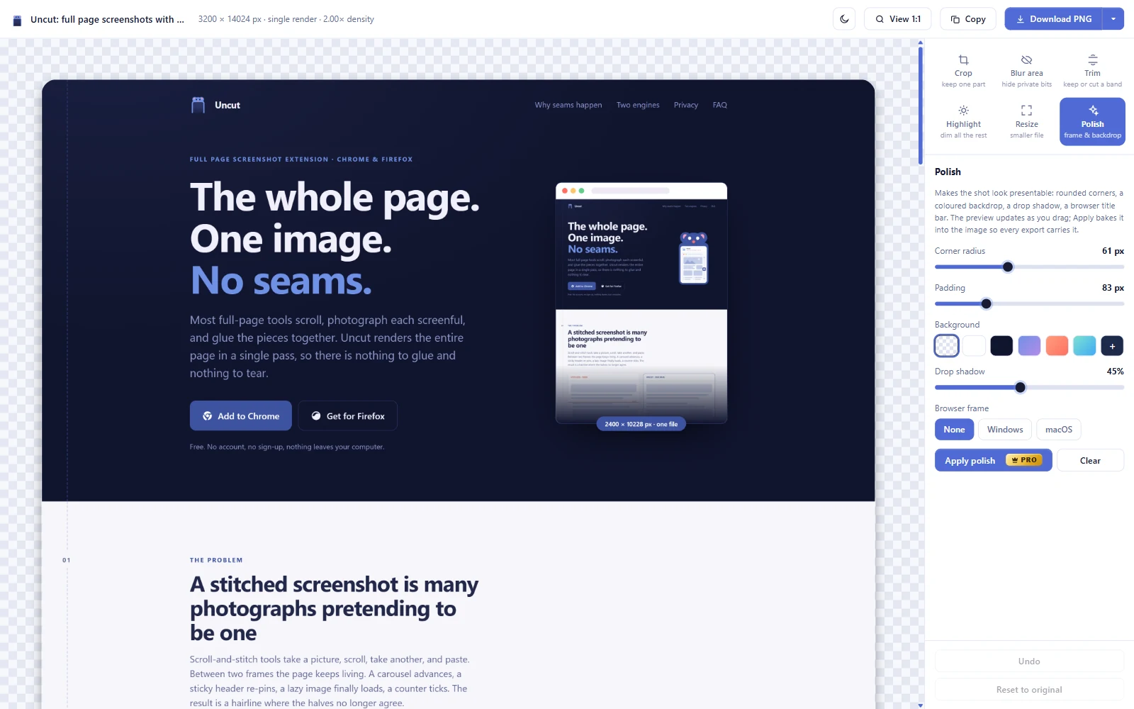The result page as an editor: a toolbar of six tools down the right, the Polish pane open with corner radius, padding, background and drop shadow controls, and a gold PRO chip on the Apply polish button